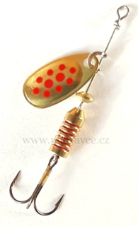 Rotační třpytka Mepps Comet 00 - zlatá / červené tečky