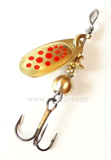 Rotační třpytka Mepps Comet 0 - zlatá / červené tečky